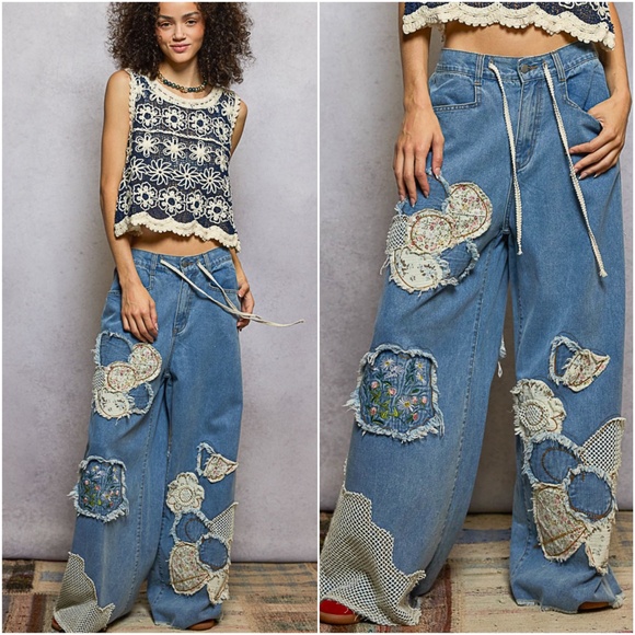 POL Denim - POL Floral Print Butterfly Patchwork Embroidered Denim Wide Leg Jeans